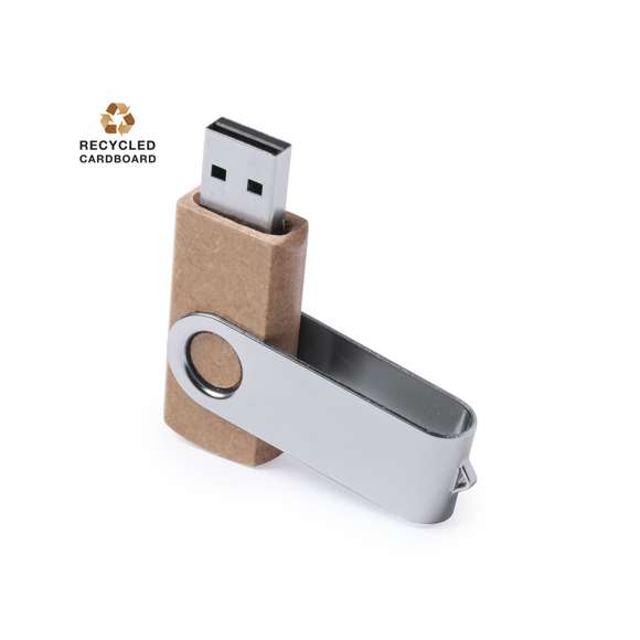 Memoria USB nature de 16GB de capacidad, con mecanismo giratorio, cuerpo acabado en cartón reciclado y clip metálico. Presentada en estuche individual de cartón reciclado.