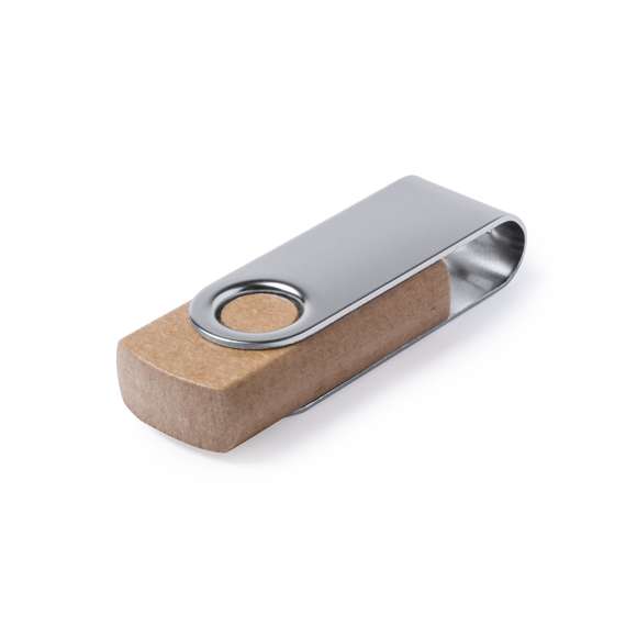 Memoria USB nature de 16GB de capacidad, con mecanismo giratorio, cuerpo acabado en cartón reciclado y clip metálico. Presentada en estuche individual de cartón reciclado.