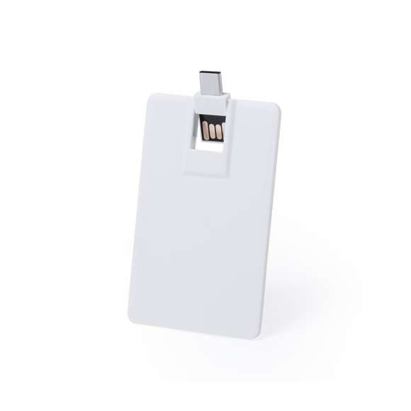 Memoria USB tarjeta de 16GB de capacidad, con conexión Tipo C y tecnología OTG. De diseño ultraplano, mecanismo plegable y especialmente diseñada para marcaje a todo color en digital. Compatible con dispositivos móviles Android con funcionalidad OTG. Presentada en funda individual.