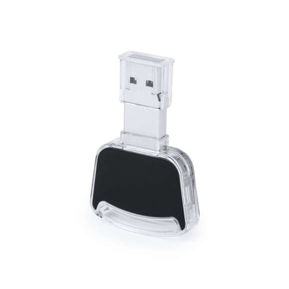 Memoria USB de 16GB de capacidad. De innovador diseño automovilístico, con luz led interior y cuerpo especialmente diseñado para marcaje en láser, iluminando así el logotipo. Presentada en estuche individual.