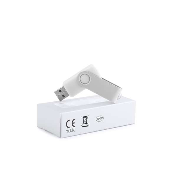 Memoria USB de 16GB de capacidad, con mecanismo giratorio, cuerpo de suave acabado y clip metálico a juego en acabado brillante. Presentada en estuche individual.