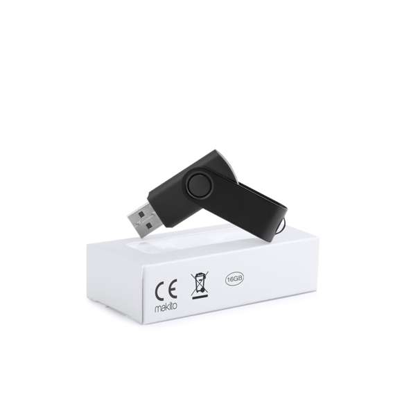 Memoria USB de 16GB de capacidad, con mecanismo giratorio, cuerpo de suave acabado y clip metálico a juego en acabado brillante. Presentada en estuche individual.