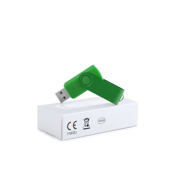 Memoria USB de 16GB de capacidad, con mecanismo giratorio, cuerpo de suave acabado y clip metálico a juego en acabado brillante. Presentada en estuche individual.