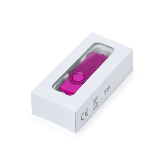 Memoria USB de 16GB de capacidad, con mecanismo giratorio, cuerpo de suave acabado y clip metálico a juego en acabado brillante. Presentada en estuche individual.