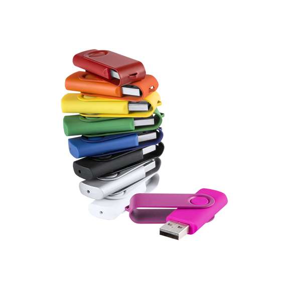 Memoria USB de 16GB de capacidad, con mecanismo giratorio, cuerpo de suave acabado y clip metálico a juego en acabado brillante. Presentada en estuche individual.