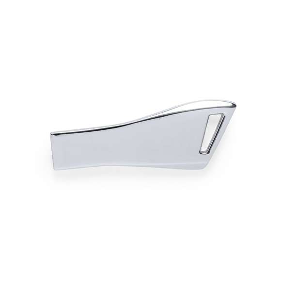 Memoria USB de 16GB de capacidad. De innovador diseño, en acabado metálico brillante e idónea para llevar en el llavero. Presentada en elegante estuche individual de cartón y suave espuma troquelada.