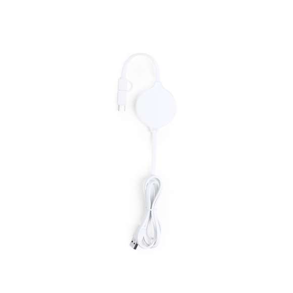 Cargador inalámbrico de diseño ultra compacto en diseño monocolor blanco. Conexión dual micro USB y Lightning, con adaptador Tipo C y luz indicadora de carga. Compatible con dispositivos equipados con tecnología de carga inalámbrica.