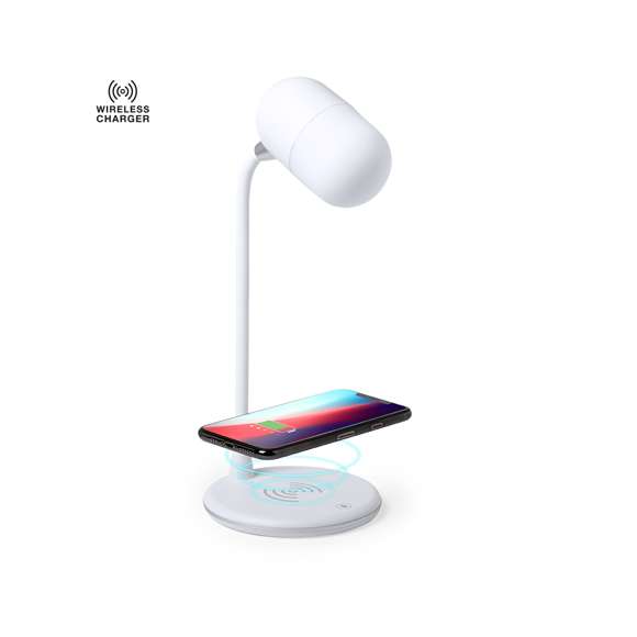 Lámpara multifunción todo en uno en acabado blanco, con altavoz Bluetooth® 4.2 de 3W de potencia y cargador inalámbrico integrados. 14 LEDs y 3 posiciones de iluminación (cálida, fría y media), ajustable en altura. Compatible con dispositivos móviles de carga inalámbrica, con cable cargador micro USB y viene presentada en una atractiva caja de diseño.