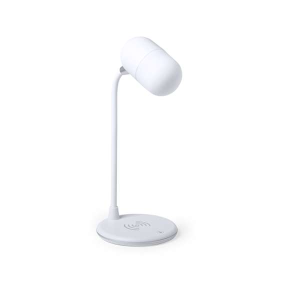 Lámpara multifunción todo en uno en acabado blanco, con altavoz Bluetooth® 4.2 de 3W de potencia y cargador inalámbrico integrados. 14 LEDs y 3 posiciones de iluminación (cálida, fría y media), ajustable en altura. Compatible con dispositivos móviles de carga inalámbrica, con cable cargador micro USB y viene presentada en una atractiva caja de diseño.