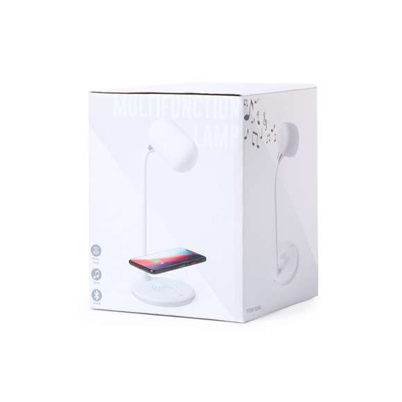 Lámpara multifunción todo en uno en acabado blanco, con altavoz Bluetooth® 4.2 de 3W de potencia y cargador inalámbrico integrados. 14 LEDs y 3 posiciones de iluminación (cálida, fría y media), ajustable en altura. Compatible con dispositivos móviles de carga inalámbrica, con cable cargador micro USB y viene presentada en una atractiva caja de diseño.