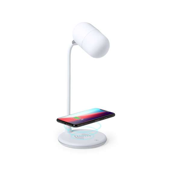 Lámpara multifunción todo en uno en acabado blanco, con altavoz Bluetooth® 4.2 de 3W de potencia y cargador inalámbrico integrados. 14 LEDs y 3 posiciones de iluminación (cálida, fría y media), ajustable en altura. Compatible con dispositivos móviles de carga inalámbrica, con cable cargador micro USB y viene presentada en una atractiva caja de diseño.