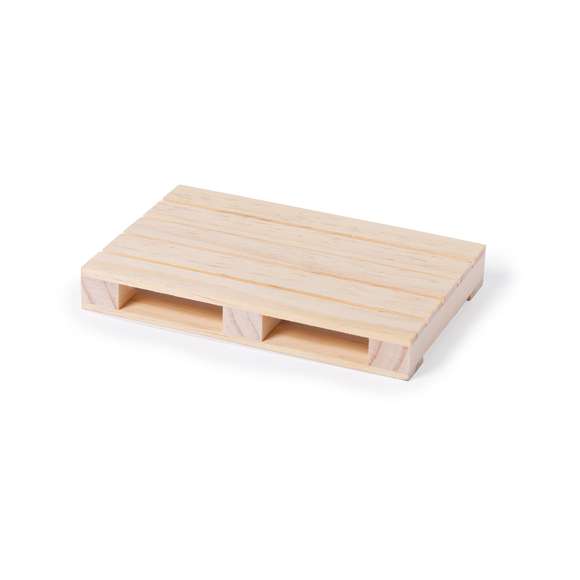 Original posavasos de línea nature con forma de palet y en madera natural.