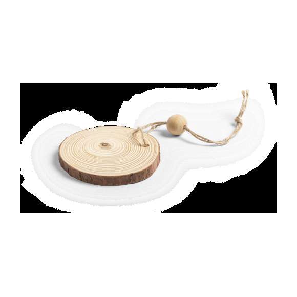 Adorno navideño en madera natural al corte, con lacito para colgar y bola a juego. Ideal para marcaje en láser.