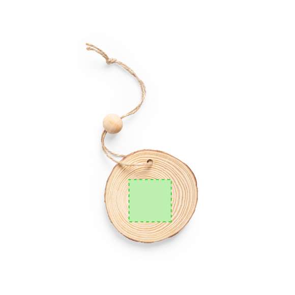 Adorno navideño en madera natural al corte, con lacito para colgar y bola a juego. Ideal para marcaje en láser.