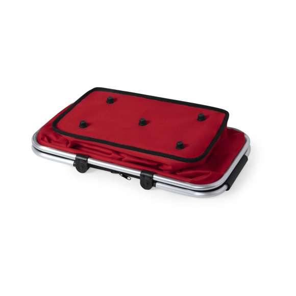 Cesta térmica en resistente poliéster 600D con interior de aluminio libre de BPA. Cierre de cremallera, con estructura de aluminio plegable y asas con EVA para mayor comodidad en el transporte. Resistencia de hasta 15 kg de peso y disponible en vivos colores.