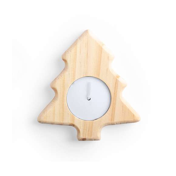 Vela de navidad de madera de pino con originales diseños de estrella y arbolito. Presentada en cajita blanca individual.