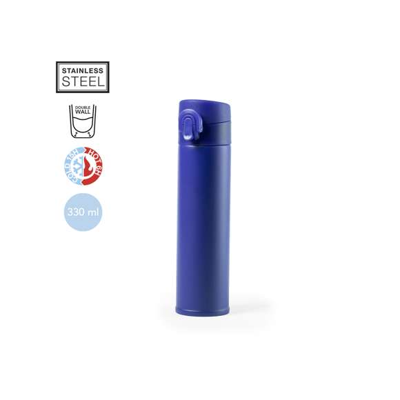 Termo en acero inox de 330ml de capacidad. Con doble cobertura para mejor y mas duradera conservación de la temperatura y con sistema de apertura fácil con botón. Disponible en variada gama de colores y presentado en atractiva caja de diseño. Disponible manual de instrucciones en español e inglés.