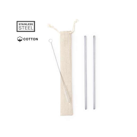 Set de 2 pajitas reutilizables en acero inoxidable. Con accesorio limpiador incluido y presentadas en bolsita de algodón natural con cuerdas autocierre.