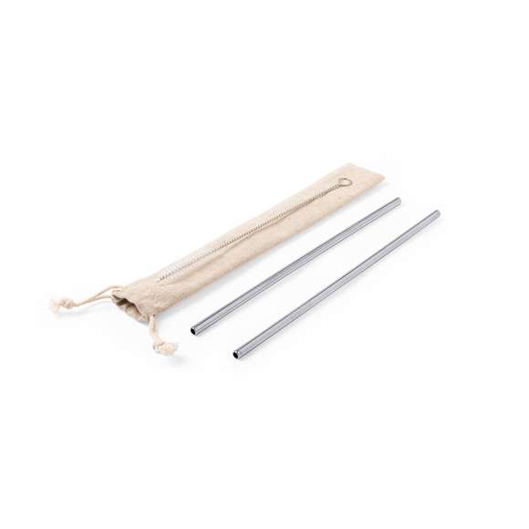 Set de 2 pajitas reutilizables en acero inoxidable. Con accesorio limpiador incluido y presentadas en bolsita de algodón natural con cuerdas autocierre.