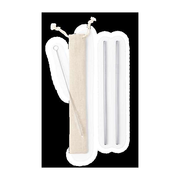 Set de 2 pajitas reutilizables en acero inoxidable. Con accesorio limpiador incluido y presentadas en bolsita de algodón natural con cuerdas autocierre.