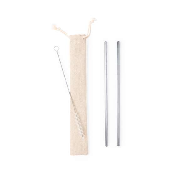 Set de 2 pajitas reutilizables en acero inoxidable. Con accesorio limpiador incluido y presentadas en bolsita de algodón natural con cuerdas autocierre.