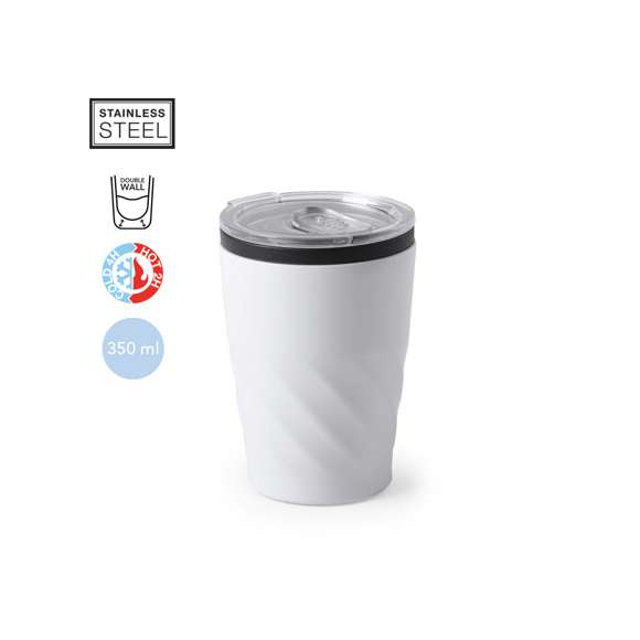 Vaso fabricado en acero inox de 350ml de capacidad. Cuerpo con diseño biselado, con anilla de color negro. Con original tapón dosificador transparente y abrefácil. Es ideal para tener en tu escritorio, mesa o en cualquier superficie donde disfrutar tranquilamente de tu bebida favorita.