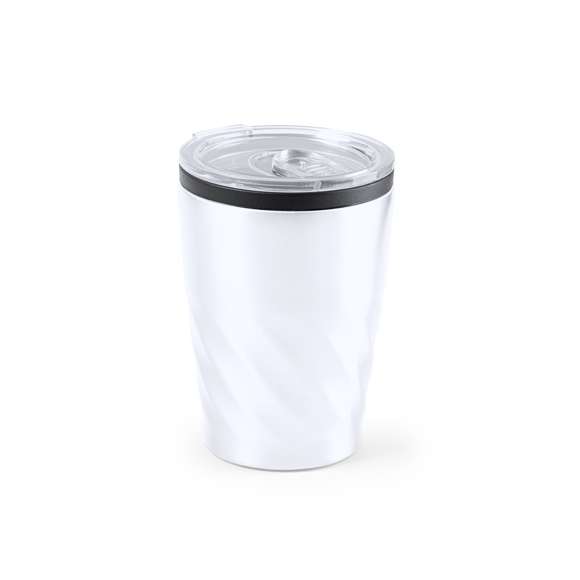 Vaso fabricado en acero inox de 350ml de capacidad. Cuerpo con diseño biselado, con anilla de color negro. Con original tapón dosificador transparente y abrefácil. Es ideal para tener en tu escritorio, mesa o en cualquier superficie donde disfrutar tranquilamente de tu bebida favorita.