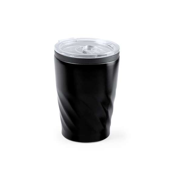 Vaso fabricado en acero inox de 350ml de capacidad. Cuerpo con diseño biselado, con anilla de color negro. Con original tapón dosificador transparente y abrefácil. Es ideal para tener en tu escritorio, mesa o en cualquier superficie donde disfrutar tranquilamente de tu bebida favorita.