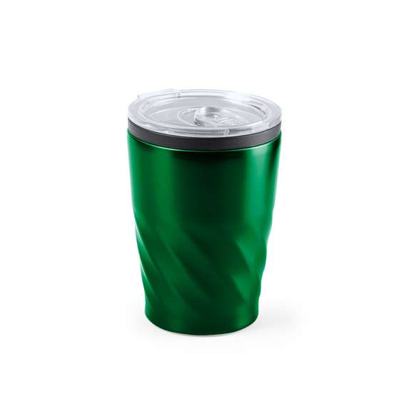 Vaso fabricado en acero inox de 350ml de capacidad. Cuerpo con diseño biselado, con anilla de color negro. Con original tapón dosificador transparente y abrefácil. Es ideal para tener en tu escritorio, mesa o en cualquier superficie donde disfrutar tranquilamente de tu bebida favorita.