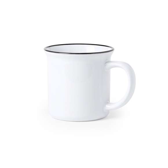 Taza de cerámica de 300ml de capacidad con diseño vintage. En elegante diseño bicolor, con anilla coloreada en el borde y cuerpo en color blanco. Especialmente diseñada para marcaje en sublimación. Presentada en caja individual.Disponible manual de instrucciones en español e inglés.