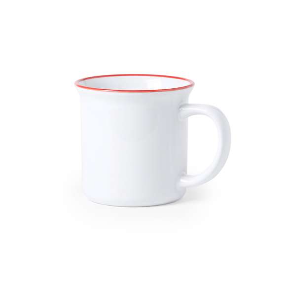 Taza de cerámica de 300ml de capacidad con diseño vintage. En elegante diseño bicolor, con anilla coloreada en el borde y cuerpo en color blanco. Especialmente diseñada para marcaje en sublimación. Presentada en caja individual.Disponible manual de instrucciones en español e inglés.