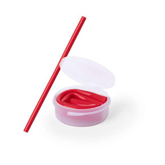 Pajita de silicona flexible y reutilizable, de 25,5cm de largo. Disponible en variada gama de colores brillantes y presentada en estuche de PP con acabado translúcido.