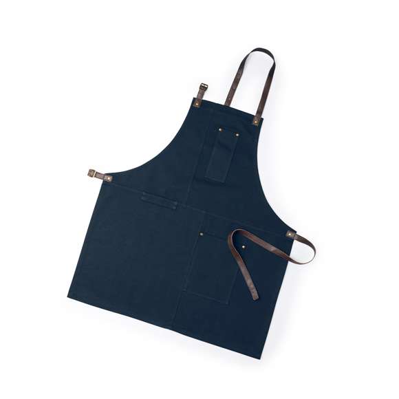 Delantal pro de alta calidad en resistente material 100% algodón canvas de 340g/m2. De corte por debajo de la rodilla, con cintas de cuello y cintura en resistente polipiel con ajuste mediante hebilla y reforzado con remaches metálicos. Incluye multitud de bolsillos para los distintos utensilios, con las costuras reforzadas.