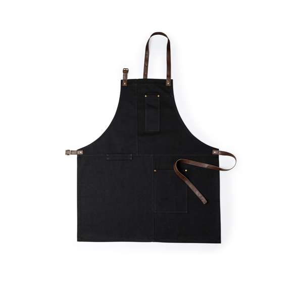 Delantal pro de alta calidad en resistente material 100% algodón canvas de 340g/m2. De corte por debajo de la rodilla, con cintas de cuello y cintura en resistente polipiel con ajuste mediante hebilla y reforzado con remaches metálicos. Incluye multitud de bolsillos para los distintos utensilios, con las costuras reforzadas.