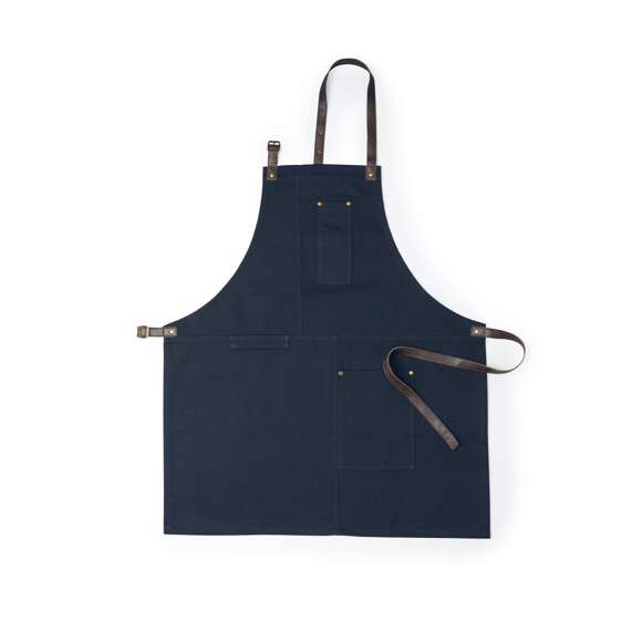 Delantal pro de alta calidad en resistente material 100% algodón canvas de 340g/m2. De corte por debajo de la rodilla, con cintas de cuello y cintura en resistente polipiel con ajuste mediante hebilla y reforzado con remaches metálicos. Incluye multitud de bolsillos para los distintos utensilios, con las costuras reforzadas.