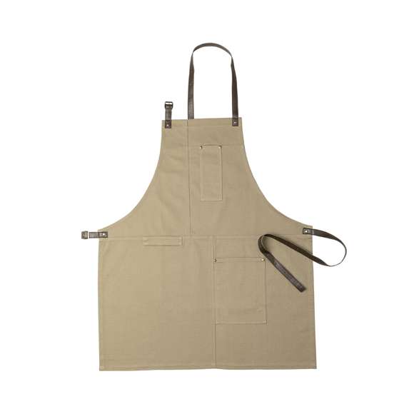 Delantal pro de alta calidad en resistente material 100% algodón canvas de 340g/m2. De corte por debajo de la rodilla, con cintas de cuello y cintura en resistente polipiel con ajuste mediante hebilla y reforzado con remaches metálicos. Incluye multitud de bolsillos para los distintos utensilios, con las costuras reforzadas.