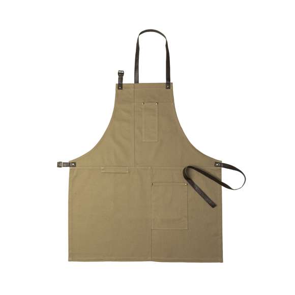 Delantal pro de alta calidad en resistente material 100% algodón canvas de 340g/m2. De corte por debajo de la rodilla, con cintas de cuello y cintura en resistente polipiel con ajuste mediante hebilla y reforzado con remaches metálicos. Incluye multitud de bolsillos para los distintos utensilios, con las costuras reforzadas.