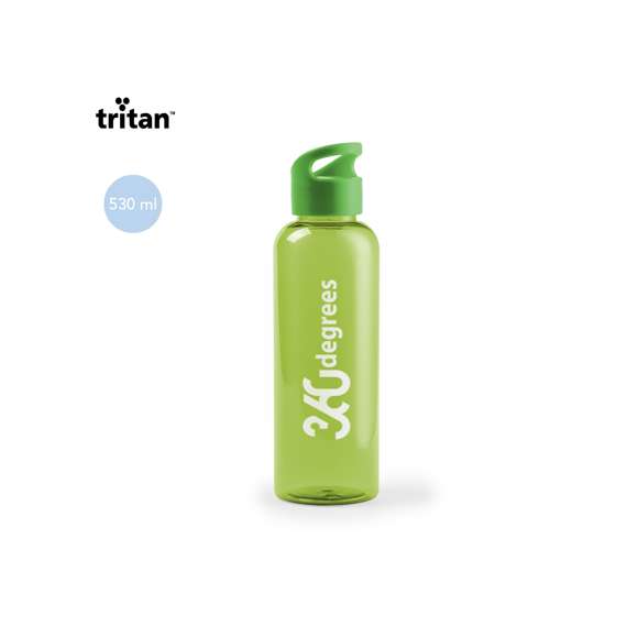 Bidón en alta calidad de 530ml de capacidad en material tritán resistente al calor y libre de BPA. Disponible en variada gama de colores translúcidos, con tapón de rosca a juego.