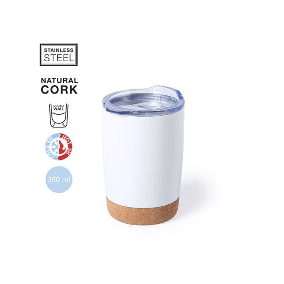 Vaso de sobremesa fabricado en combinación de base en corcho natural con cuerpo en acero inox de acabado blanco, de 380 ml de capacidad. Con doble cobertura para mejor y mas duradera conservación de la temperatura y original tapón dosificador con abrefácil transparente. Presentado en atractiva caja de diseño.