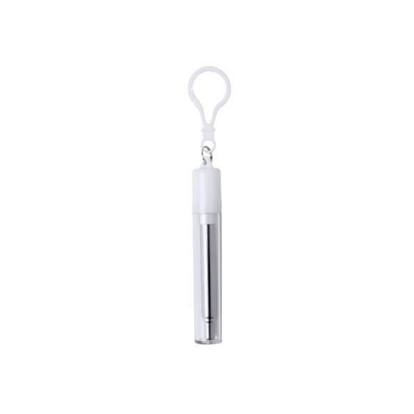 Pajita reutilizable y extensible en acero inoxidable, con boquilla de silicona. Con accesorio limpiador incluido y presentada en estuche transparente con accesorio para transporte.