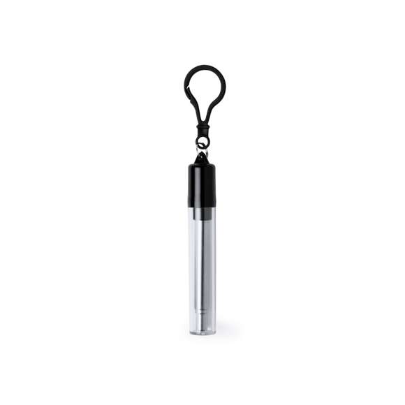 Pajita reutilizable y extensible en acero inoxidable, con boquilla de silicona. Con accesorio limpiador incluido y presentada en estuche transparente con accesorio para transporte.
