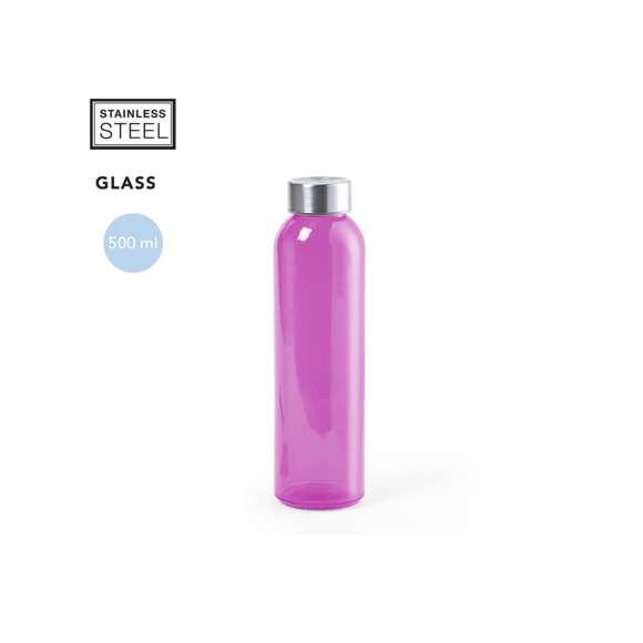 Bidón de cristal en alta calidad, de 500ml de capacidad, con cuerpo de acabado transparente en material libre de BPA y tapón a rosca en acero inox. Disponible en variada gama de colores. Presentado en atractiva caja de diseño.