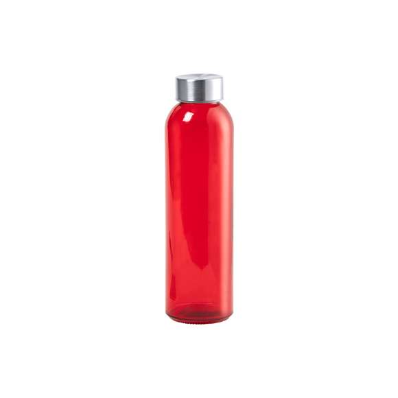 Bidón de cristal en alta calidad, de 500ml de capacidad, con cuerpo de acabado transparente en material libre de BPA y tapón a rosca en acero inox. Disponible en variada gama de colores. Presentado en atractiva caja de diseño.