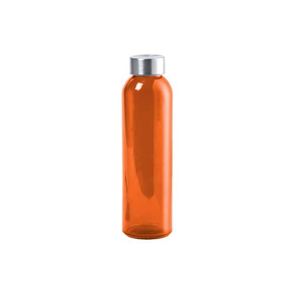Bidón de cristal en alta calidad, de 500ml de capacidad, con cuerpo de acabado transparente en material libre de BPA y tapón a rosca en acero inox. Disponible en variada gama de colores. Presentado en atractiva caja de diseño.
