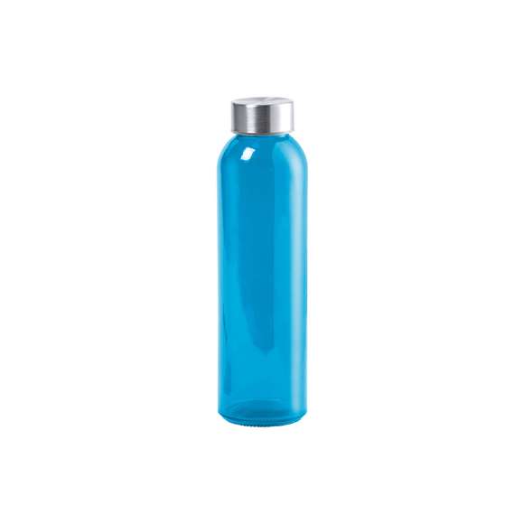 Bidón de cristal en alta calidad, de 500ml de capacidad, con cuerpo de acabado transparente en material libre de BPA y tapón a rosca en acero inox. Disponible en variada gama de colores. Presentado en atractiva caja de diseño.