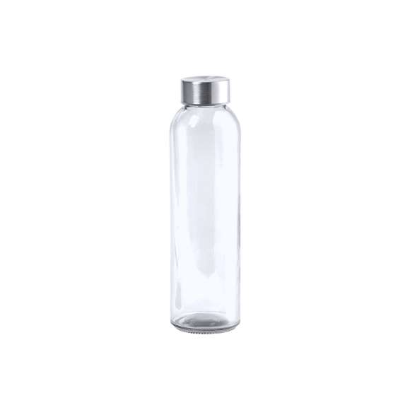 Bidón de cristal en alta calidad, de 500ml de capacidad, con cuerpo de acabado transparente en material libre de BPA y tapón a rosca en acero inox. Disponible en variada gama de colores. Presentado en atractiva caja de diseño.