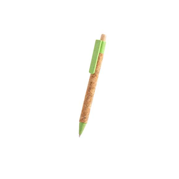  	Bolígrafo de línea nature con cuerpo en corcho natural. Clip, punta y pulsador en caña de trigo, para así fomentar la utilización de materias primas naturales y reducir las emisiones de contaminantes. Con clip especialmente diseñado para marcaje en tampografía. De mecanismo pulsador y con tinta azul.