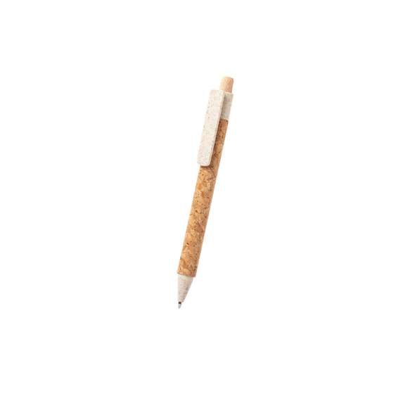 	Bolígrafo de línea nature con cuerpo en corcho natural. Clip, punta y pulsador en caña de trigo, para así fomentar la utilización de materias primas naturales y reducir las emisiones de contaminantes. Con clip especialmente diseñado para marcaje en tampografía. De mecanismo pulsador y con tinta azul.