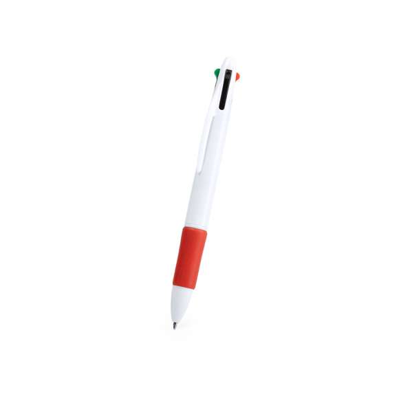 Bolígrafo 4 en 1 de mecanismo pulsador retráctil, de clásico diseño y cuerpo de suave acabado sólido en color blanco. Suave empuñadura a juego en vivos colores. De 4 cartuchos, en tintas azul, negra, roja y verde.