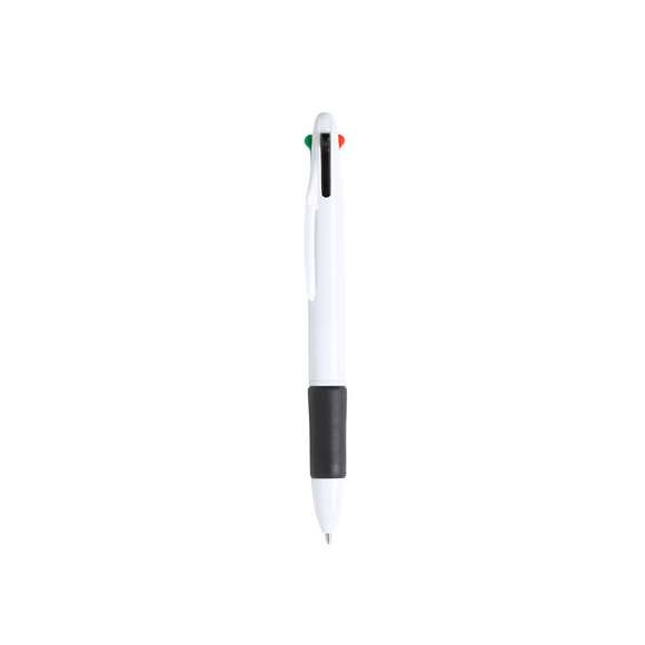 Bolígrafo 4 en 1 de mecanismo pulsador retráctil, de clásico diseño y cuerpo de suave acabado sólido en color blanco. Suave empuñadura a juego en vivos colores. De 4 cartuchos, en tintas azul, negra, roja y verde.